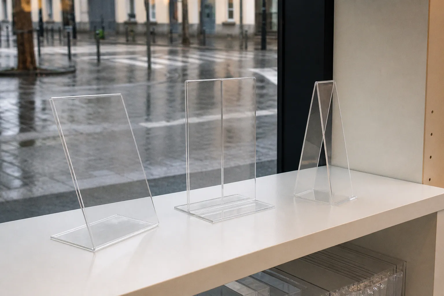 Chevalet de comptoir en plexi : trois formes à l'essai