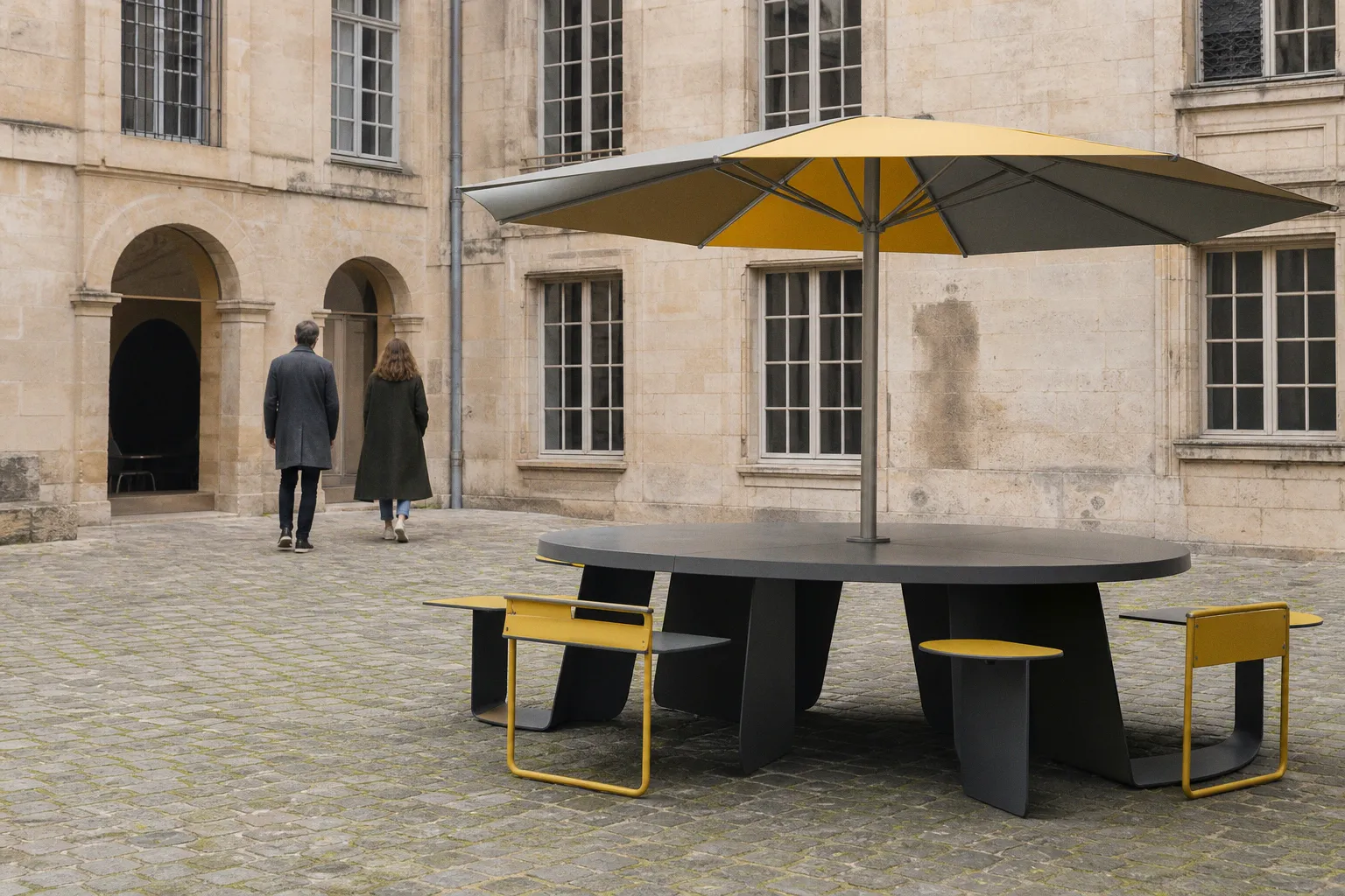 Installation PICNIC : le mobilier urbain du studio CLUZEL PLUCHON à l'hôtel d'Albret